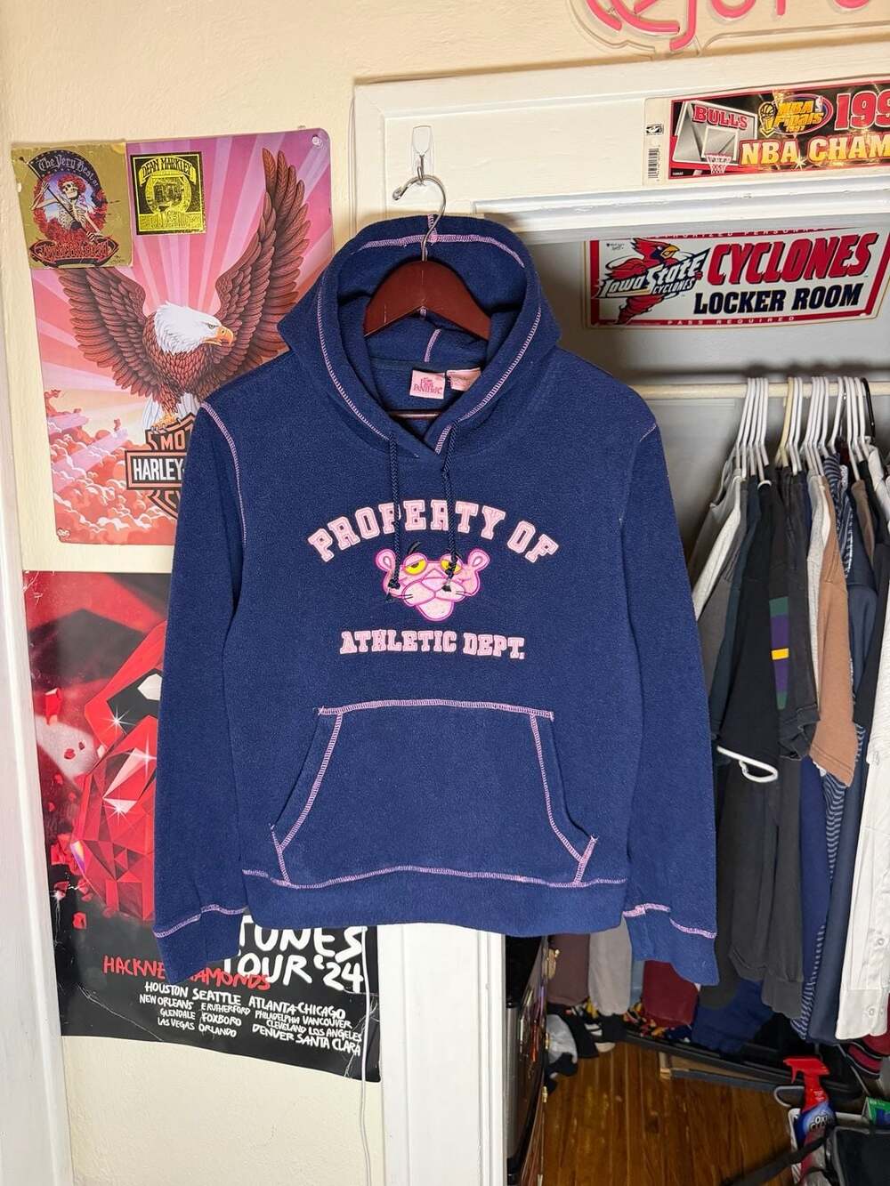 Vintage Pink Panther Y2K Blue Fleece Pullover Hoodie Sweatshirt Size Girls L